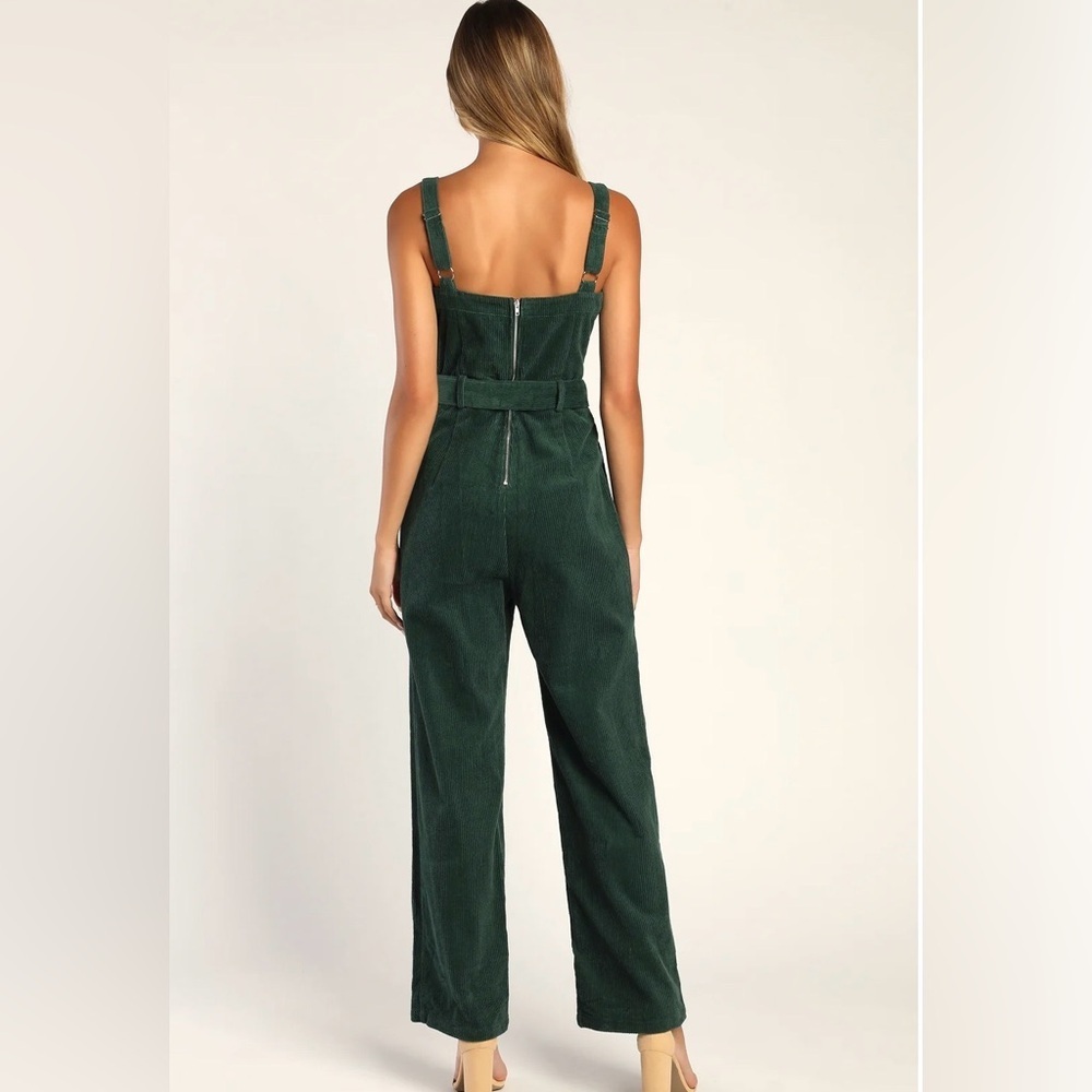 Lulus Green Corduroy Wide-Leg Jumpsuit NWT Women’s Small Belted - Picture 3 of 14